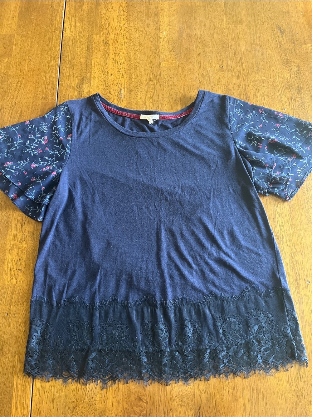 Maurices Top with Floral Sleeves & Lace Hem